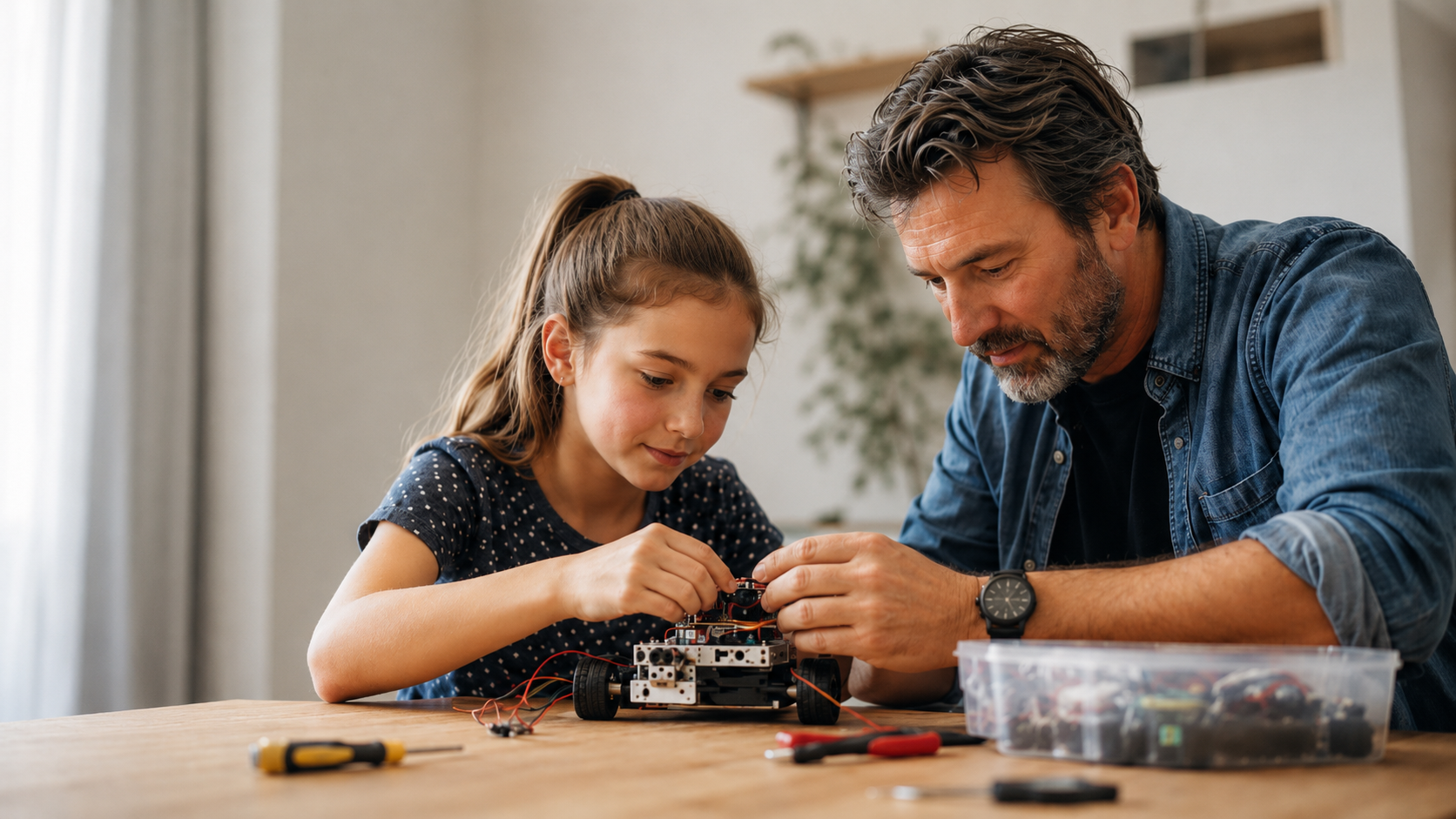 A curious girl building a robotics project at a table while a caring adult helps, exploring an interest hands-on
