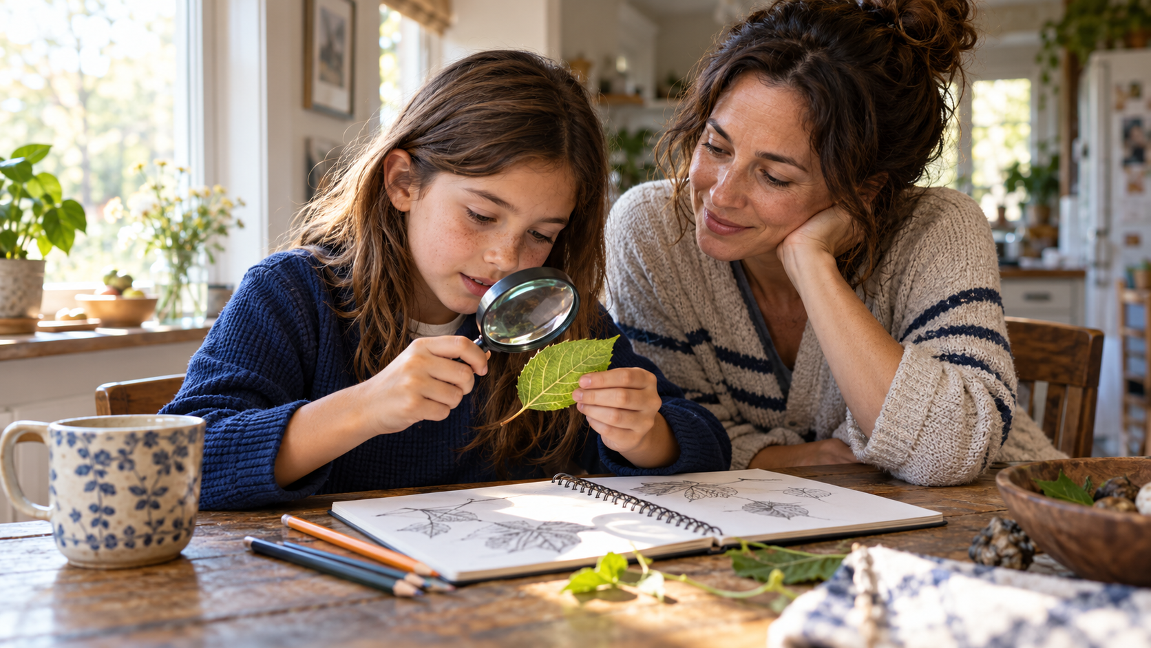 A woman and girl examine a leaf through a magnifying glass.